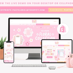 Puede incluir: Un ordenador de sobremesa rosa, una tableta y un tel&eacute;fono inteligente que muestran un sitio web para una tienda llamada "Peachy Prints" con un tema floral. El sitio web presenta una combinaci&oacute;n de colores rosa y blanco con ilustraciones de flores y estrellas. El texto del sitio web dice "Let's shop the *Floral* Collection" y "Check out our Best Sellers".