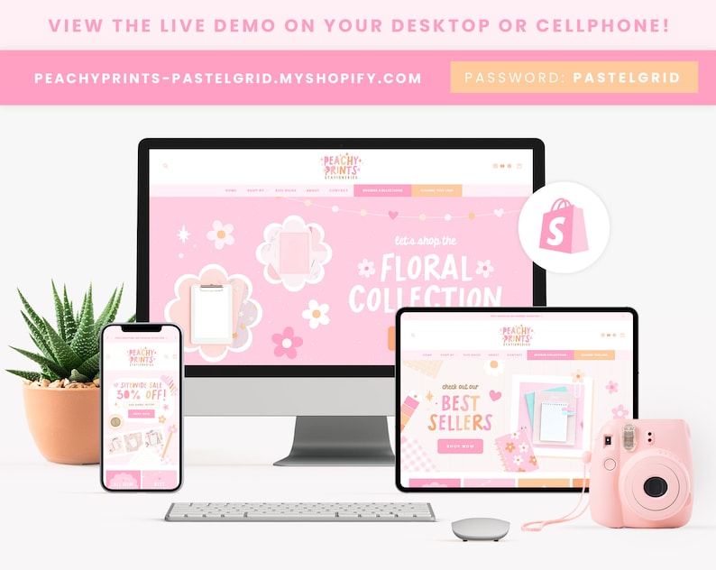 Puede incluir: Un ordenador de sobremesa rosa, una tableta y un tel&eacute;fono inteligente que muestran un sitio web para una tienda llamada "Peachy Prints" con un tema floral. El sitio web presenta una combinaci&oacute;n de colores rosa y blanco con ilustraciones de flores y estrellas. El texto del sitio web dice "Let's shop the *Floral* Collection" y "Check out our Best Sellers".