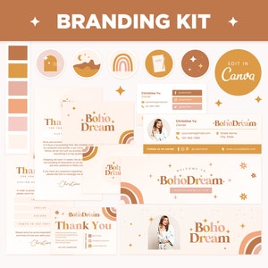 Branding Kit Boho Beige Brown Canva Templates Editable Business Cards, Thank You Cards, Facebook Cover Instagram Highlights Youtube Twitter