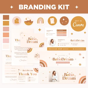 Branding Kit Boho Beige Brown Canva Templates Editable Business Cards Thank You Card Facebook Cover Instagram Highlights Youtube Twitter BDR