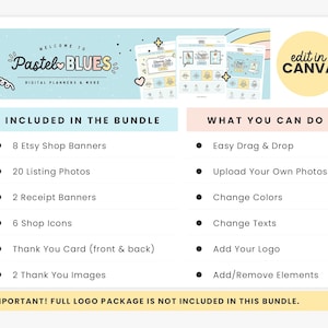 Puede incluir: Un paquete de planificadores digitales con colores azul pastel y rosa. El paquete incluye 8 banners de tienda Etsy, 20 fotos de listado, 2 banners de recibo, 6 iconos de tienda, una tarjeta de agradecimiento y 2 im&aacute;genes de agradecimiento. El texto "Bienvenido a Pastel Blues Digital Planners & More" est&aacute; en la parte superior de la imagen. El texto "editar en Canva" est&aacute; en un c&iacute;rculo en la parte superior derecha de la imagen. El texto "INCLUIDO EN EL PAQUETE" est&aacute; en la parte superior izquierda de la imagen. El texto "QU&Eacute; PUEDES HACER" est&aacute; en la parte superior derecha de la imagen. El texto "&iexcl;IMPORTANTE! EL PAQUETE COMPLETO DE LOGOTIPOS NO EST&Aacute; INCLUIDO EN ESTE PAQUETE." est&aacute; en la parte inferior de la imagen.