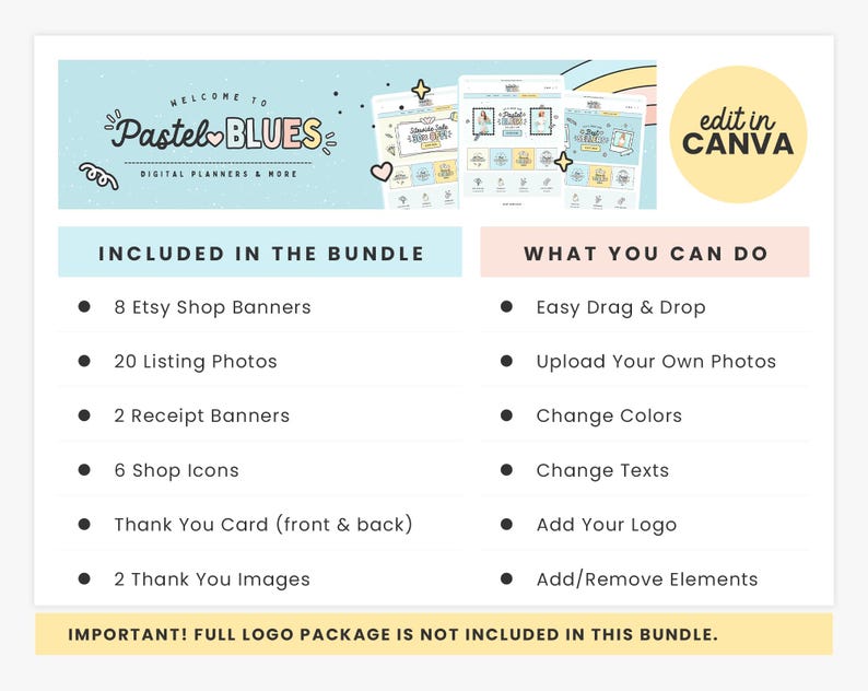 Puede incluir: Un paquete de planificadores digitales con colores azul pastel y rosa. El paquete incluye 8 banners de tienda Etsy, 20 fotos de listado, 2 banners de recibo, 6 iconos de tienda, una tarjeta de agradecimiento y 2 im&aacute;genes de agradecimiento. El texto "Bienvenido a Pastel Blues Digital Planners & More" est&aacute; en la parte superior de la imagen. El texto "editar en Canva" est&aacute; en un c&iacute;rculo en la parte superior derecha de la imagen. El texto "INCLUIDO EN EL PAQUETE" est&aacute; en la parte superior izquierda de la imagen. El texto "QU&Eacute; PUEDES HACER" est&aacute; en la parte superior derecha de la imagen. El texto "&iexcl;IMPORTANTE! EL PAQUETE COMPLETO DE LOGOTIPOS NO EST&Aacute; INCLUIDO EN ESTE PAQUETE." est&aacute; en la parte inferior de la imagen.