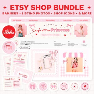 Etsy Shop Banner Templates, Coquette Pink Red Bows Hearts Valentines Etsy Branding Kit Template Editable Canva Banner Etsy Bundles - CQP