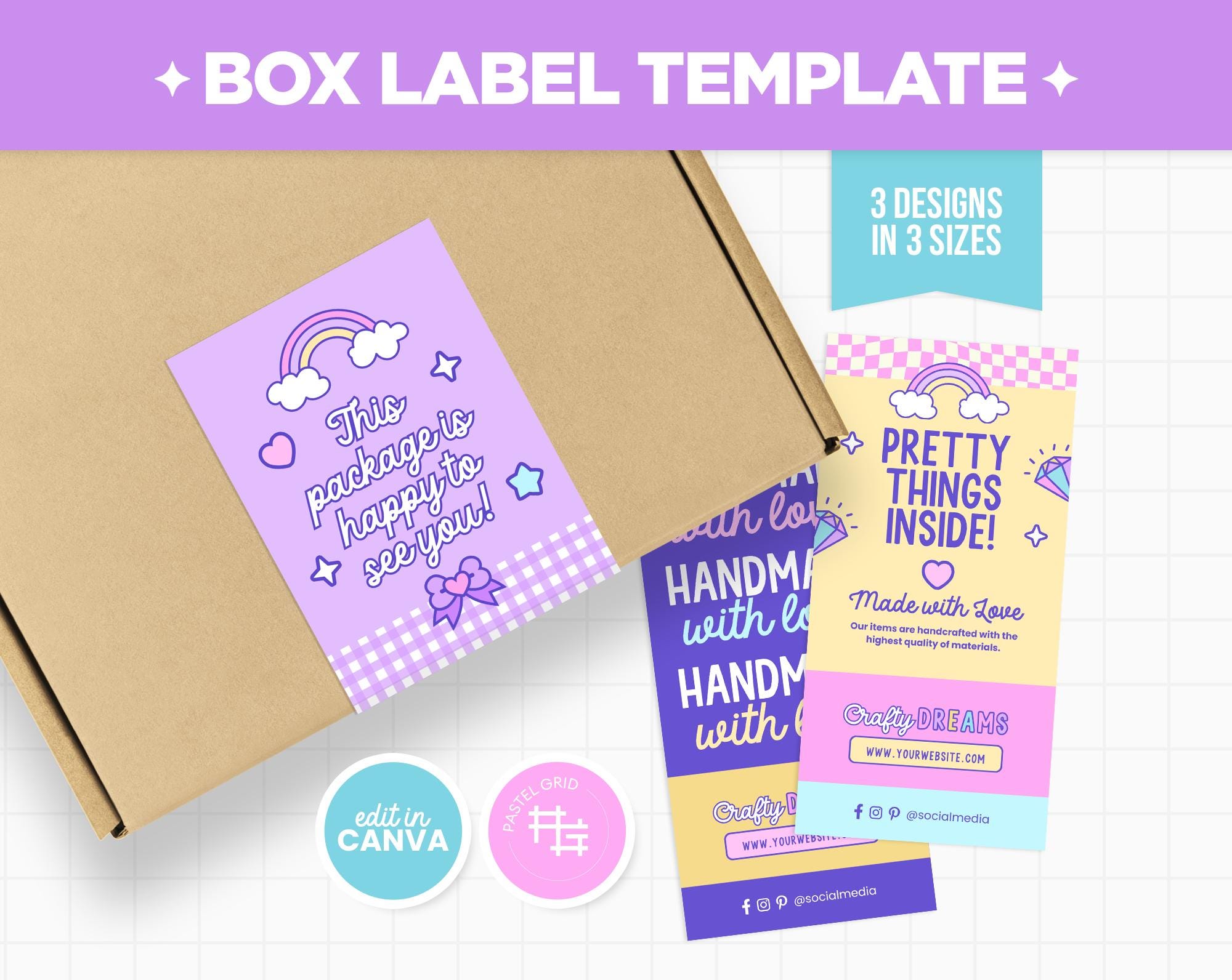 Editable Box Label Canva Template Purple Pink Blue Bright Rainbow ...