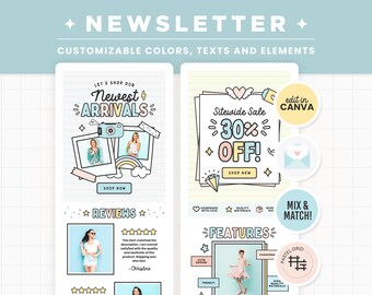 May include: A pastel pink and blue newsletter template with a cartoon camera, a rainbow, and the text "Let's Shop Our Newest Arrivals". The template also features a sale announcement with the text "Sitewide Sale 30% Off!" and a section for reviews. The template is customizable with colors, texts, and elements.