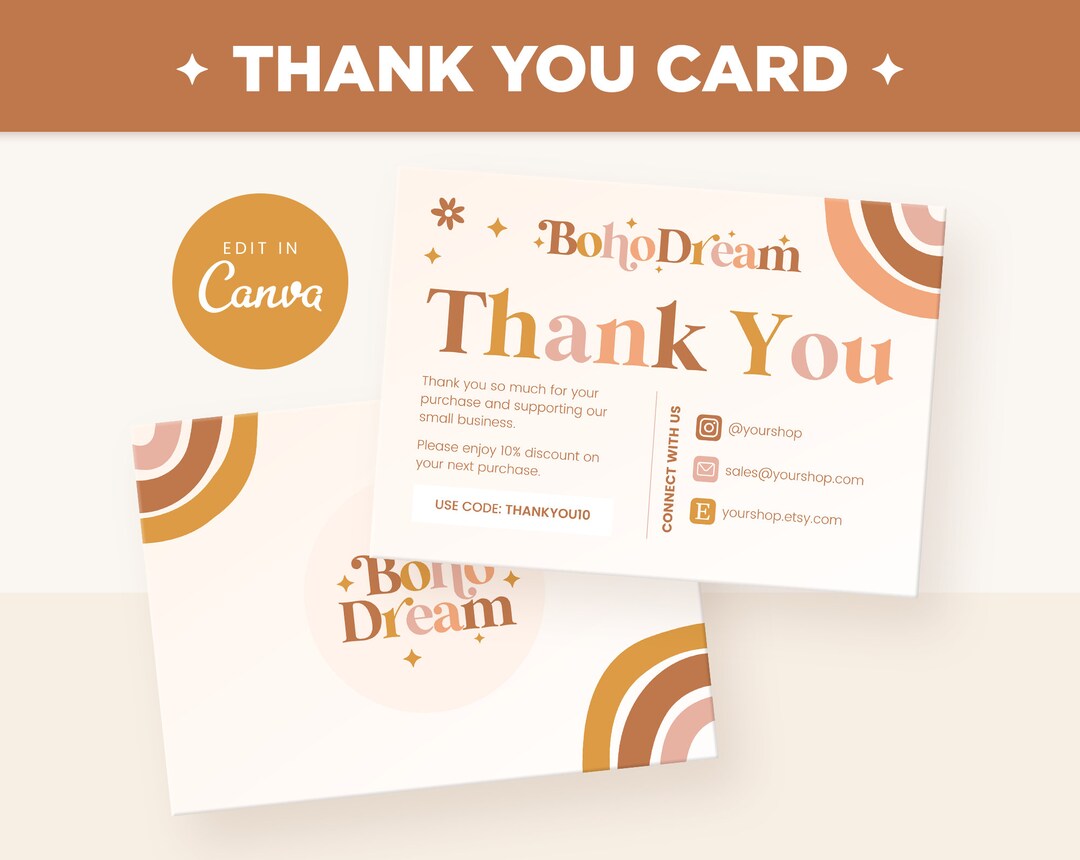 Thank You Card Template Editable in Canva, Boho Rainbow Light Beige ...
