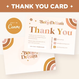 Dankeskarten-Vorlage Bearbeitbar in Canva, Boho Regenbogen Hellbeige Ästhetik Anpassbare Dankeskarten-Design - BDR