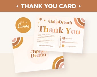 Thank You Card Template Editable in Canva, Boho Rainbow Light Beige Aesthetic Customizable Thank You Card Design - BDR