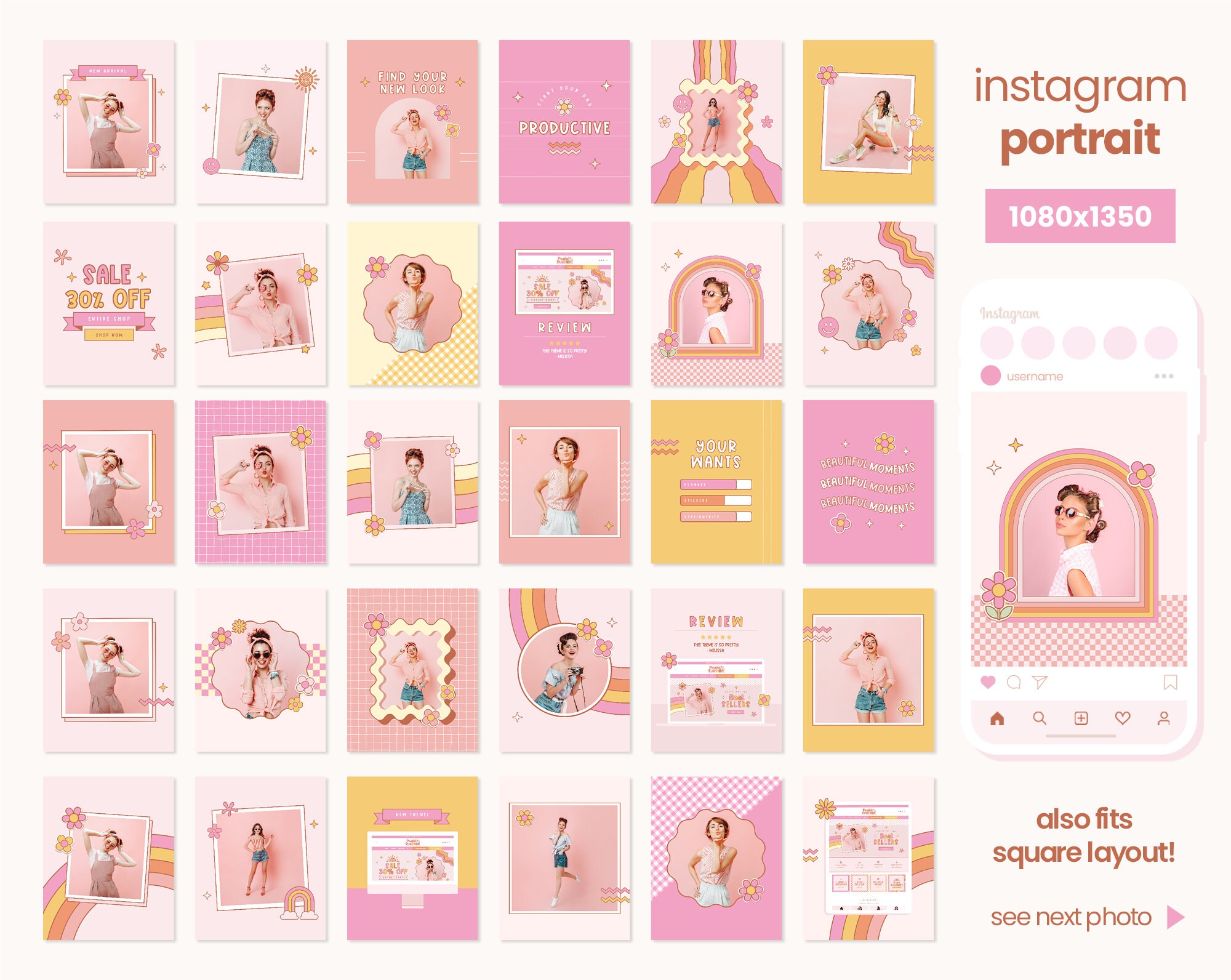 Instagram Posts Template Pastel Pink Groovy Rainbow Bundle in Square ...