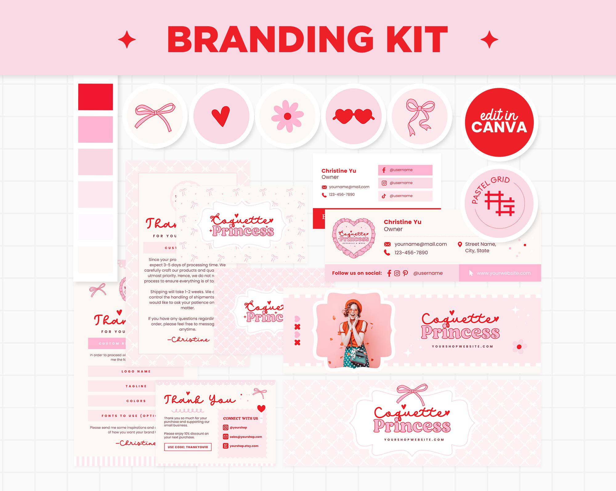 Branding Kit Coquette Canva Templates Editable Customizable Business Cards Thank You Cards Facebook Cover IG Highlights Youtube Twitter CQP