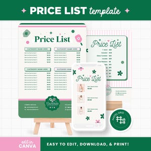 May include: A digital price list template set featuring a large vertical sign, a smaller rectangular card, and a smartphone screen display. The design uses a white, pink, and dark green color palette with floral icons and the text Price List.
