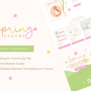 Shopify-thema Lente Kleurrijk Aanpasbare kleuren Shopify-sjabloon Bewerkbare Canva-banners Winkel Vrouwelijk Helder Esthetisch Pastelontwerp afbeelding 3