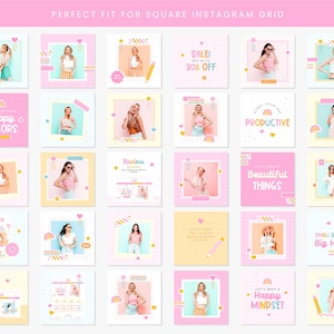 Instagram Posts Template Pastel Groovy Rainbow Colors Bundle in Square ...