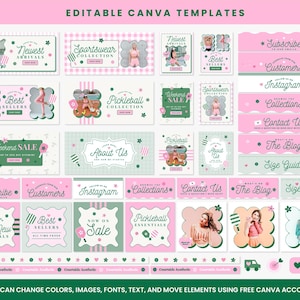 Puede incluir: Una colecci&oacute;n de plantillas Canva rosas y verdes con varios dise&ntilde;os, incluyendo "Newest Arrivals", "Sportswear Collection" y "Weekend Sale". Las plantillas presentan patrones florales y geom&eacute;tricos, con el texto "Editable Canva Templates".