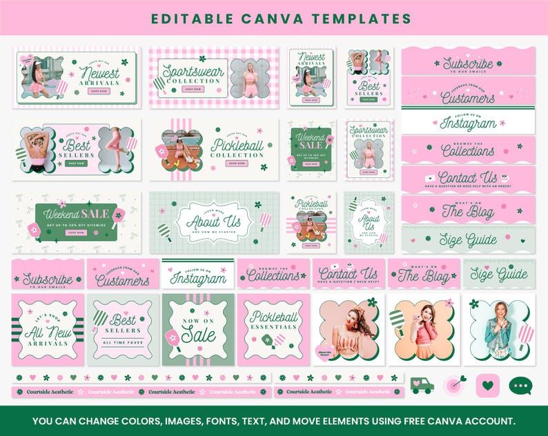 Puede incluir: Una colecci&oacute;n de plantillas Canva rosas y verdes con varios dise&ntilde;os, incluyendo "Newest Arrivals", "Sportswear Collection" y "Weekend Sale". Las plantillas presentan patrones florales y geom&eacute;tricos, con el texto "Editable Canva Templates".
