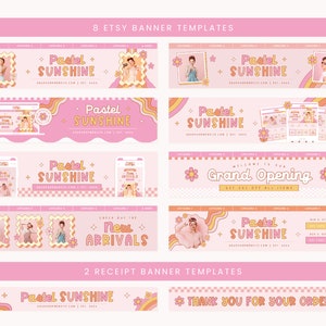 Puede incluir: Un conjunto de 10 plantillas de banner de Etsy en rosa pastel y amarillo con una est&eacute;tica retro. Los banners presentan el texto "Pastel Sunshine" y varios gr&aacute;ficos, incluyendo flores, estrellas y patrones a cuadros. Los banners est&aacute;n dise&ntilde;ados para su uso en tiendas Etsy.