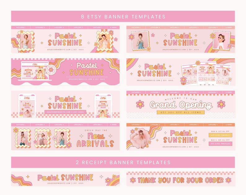 Puede incluir: Un conjunto de 10 plantillas de banner de Etsy en rosa pastel y amarillo con una est&eacute;tica retro. Los banners presentan el texto "Pastel Sunshine" y varios gr&aacute;ficos, incluyendo flores, estrellas y patrones a cuadros. Los banners est&aacute;n dise&ntilde;ados para su uso en tiendas Etsy.
