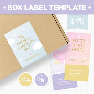 Może przedstawiać: Trzy pastelowe etykiety na pudełka z wzorem chmury i gwiazdki. Etykiety zawierają tekst "This package is happy to see you!" i "Handmade with love", "Pretty things inside!" i "Made with love", oraz "Handmade with love".
