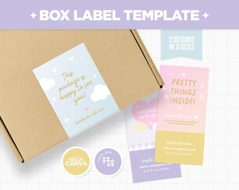 May include: Three pastel-colored box labels with a cloud and star design. The labels feature the text "This package is happy to see you!" and "Handmade with love", "Pretty things inside!" and "Made with love", and "Handmade with love".