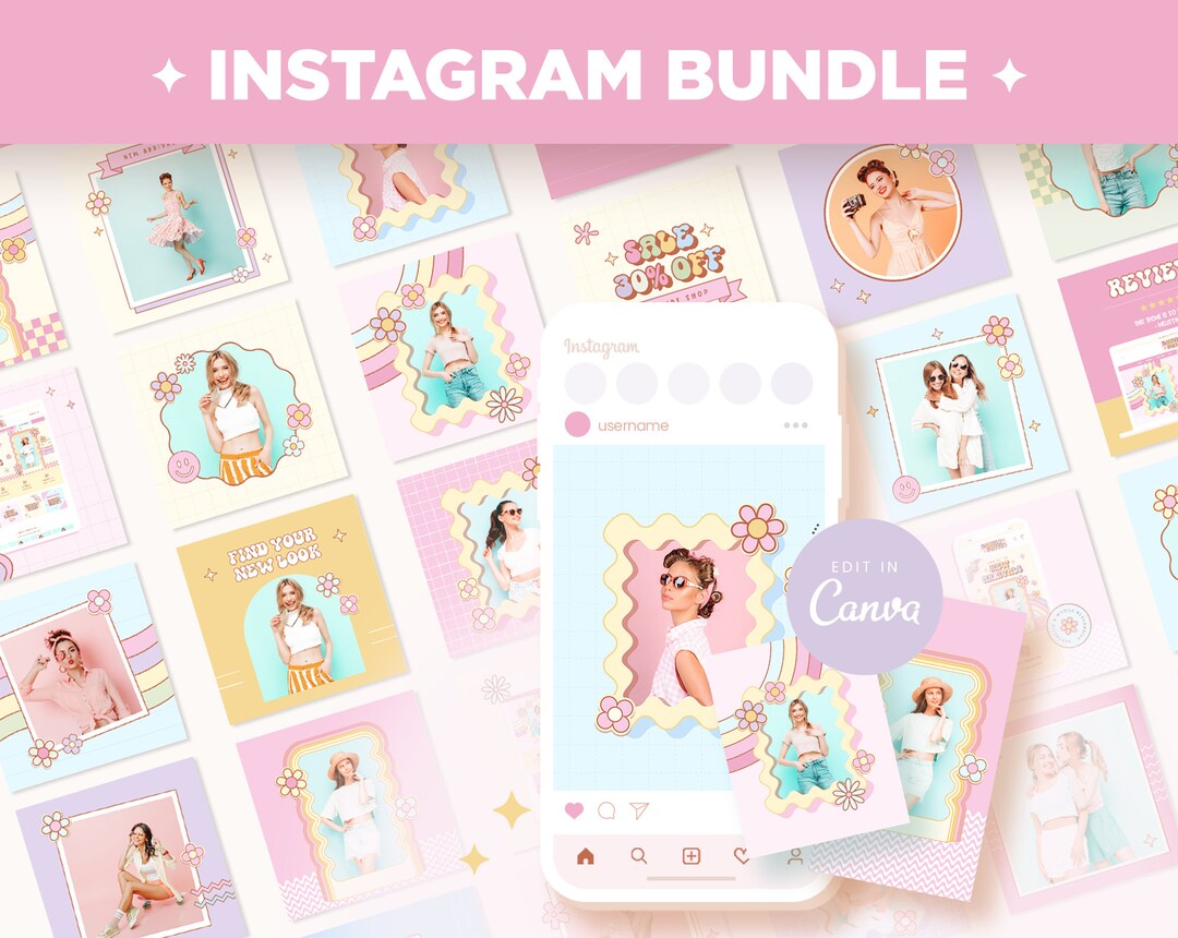 Instagram Posts Template Pastel Groovy Rainbow Colors Bundle - Etsy