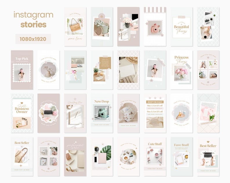 Puede incluir: Un conjunto de plantillas de historias de Instagram que presentan una variedad de im&aacute;genes y texto. Las plantillas est&aacute;n dise&ntilde;adas en un esquema de color rosa claro y blanco con acentos dorados. El texto incluye frases como "Top Pick", "New Drop", "Princess Things", "Cute Stuff" y "Best Seller".