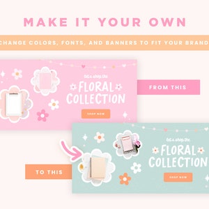 Puede incluir: Dos dise&ntilde;os de banners con fondo azul claro y rosa. Los banners presentan un tema floral con texto blanco que dice "let's shop the *FLORAL* COLLECTION" y un bot&oacute;n que dice "SHOP NOW".