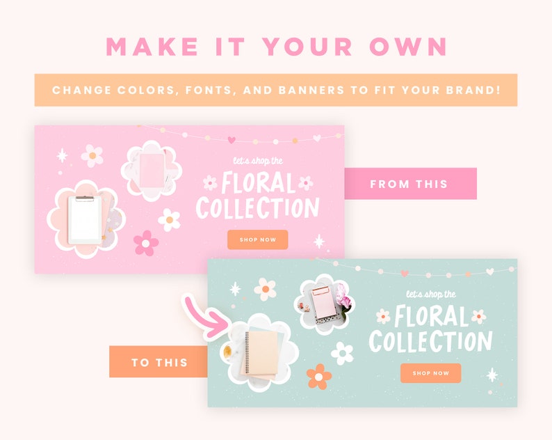 Puede incluir: Dos dise&ntilde;os de banners con fondo azul claro y rosa. Los banners presentan un tema floral con texto blanco que dice "let's shop the *FLORAL* COLLECTION" y un bot&oacute;n que dice "SHOP NOW".