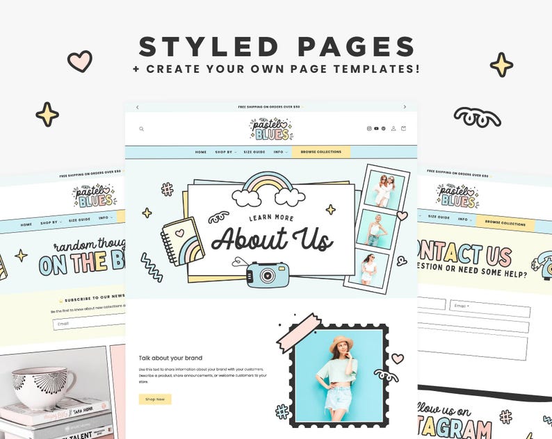 May include: A digital design featuring website mockups with the text "STYLED PAGES + CREATE YOUR OWN PAGE TEMPLATES!". The mockups include the "Pastel Blues" logo, "About Us" section, and contact information.