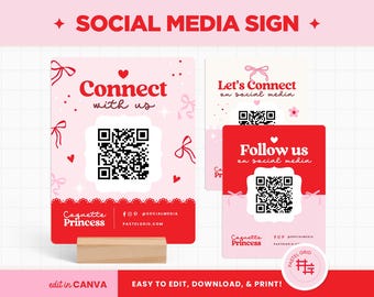 Social Media Sign Template in Coquette Aesthetic, Pink and Red Customizable Social Media QR Code Display Printable Template - CQP