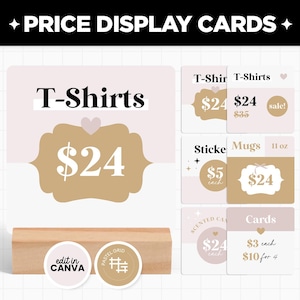Price Display Cards Editable Canva Template Black White Pink Minimalist Elegant Aesthetic, Customizable Pop-up Shop Template - ALX
