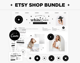 Etsy Shop Bundle Etsy Branding Kit Banner Templates in White Aesthetics Collection, Editable Black and White Canva Templates Etsy Shop Kit