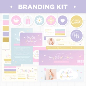 Branding Kit Canva Templates Editable Pastel Customizable Business Cards Thank You Cards Facebook Instagram Highlights Youtube Twitter - PRB
