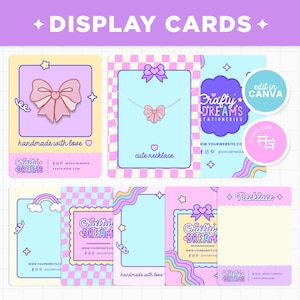 May include: A collection of pastel-colored display cards with bow and necklace designs. The cards feature text such as "DISPLAY CARDS", "handmade with love", and "cute necklace". The cards are decorated with stars, rainbows, and wavy lines.