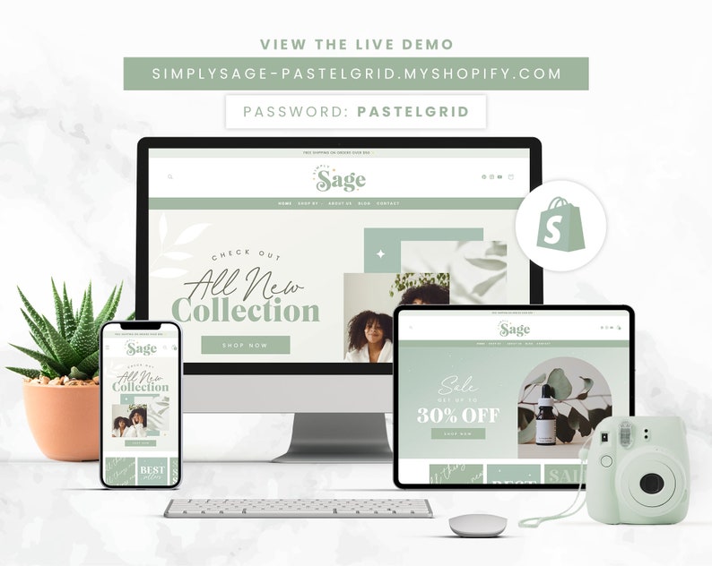 Shopify Theme Sage Green, Customizable Shopify Template, Editable Canva Banners, Skincare Boutique Aesthetic Design Shopify Website - SSG image 2