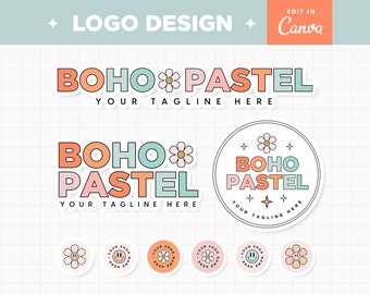 Editable Logo in Canva Boho Pastel Groovy Aesthetic Retro Logo Design Customizable Feminine Branding Boutique Shop Small Business Logo - BPT