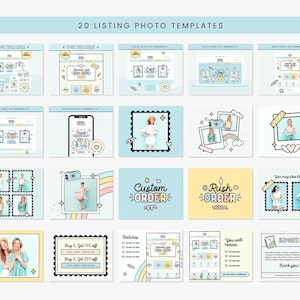 Puede incluir: Veinte plantillas de fotos de listado para tiendas Etsy, con un esquema de color azul pastel y amarillo con un estilo de dibujos animados caprichoso. Las plantillas incluyen una variedad de dise&ntilde;os, que incluyen fotos de productos, cuadros de texto y gr&aacute;ficos. El texto incluye "Pedido personalizado", "Pedido urgente" y "Tambi&eacute;n te puede gustar..."