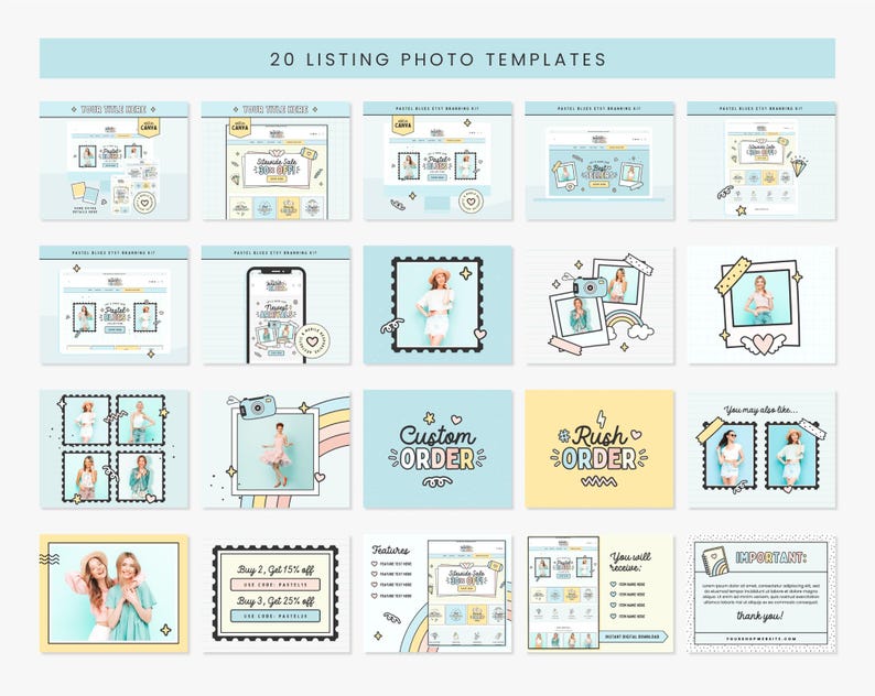 Puede incluir: Veinte plantillas de fotos de listado para tiendas Etsy, con un esquema de color azul pastel y amarillo con un estilo de dibujos animados caprichoso. Las plantillas incluyen una variedad de dise&ntilde;os, que incluyen fotos de productos, cuadros de texto y gr&aacute;ficos. El texto incluye "Pedido personalizado", "Pedido urgente" y "Tambi&eacute;n te puede gustar..."