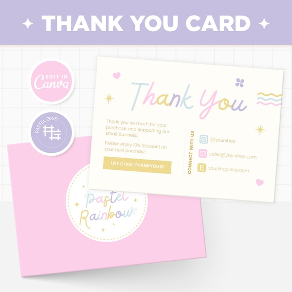 Plantilla de tarjeta de agradecimiento editable en Canva, colores claros del arco iris pastel Lindo diseño de tarjeta de agradecimiento personalizable en la colección Pastel Rainbow