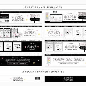 Puede incluir: Un conjunto de 10 plantillas de banner de Etsy en blanco y negro con acentos rosas y amarillos. Los banners presentan el texto "cutie" y varias frases como "nuevas llegadas", "gran inauguraci&oacute;n" y "&iexcl;listo para la venta!"