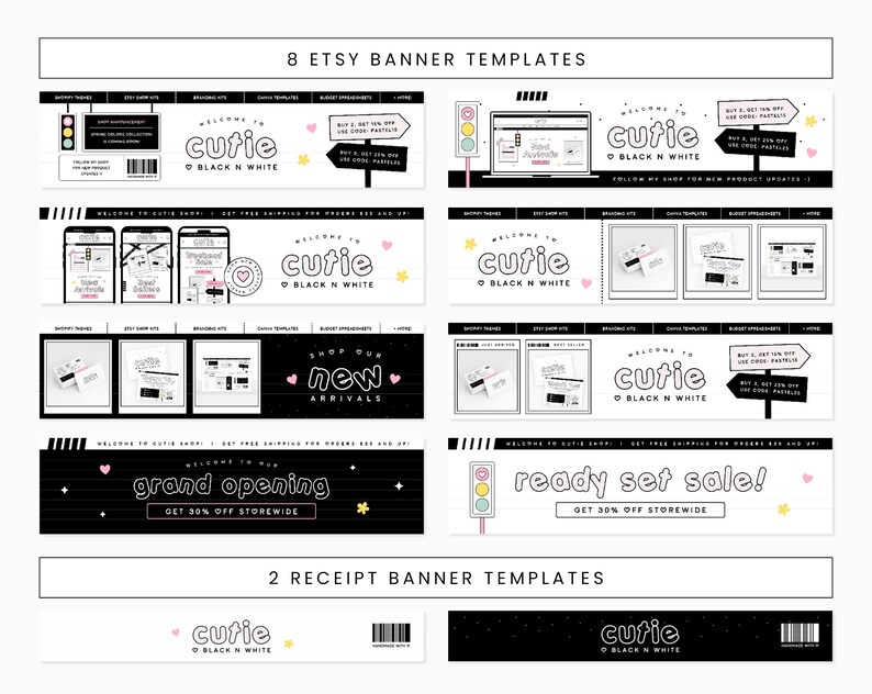 Puede incluir: Un conjunto de 10 plantillas de banner de Etsy en blanco y negro con acentos rosas y amarillos. Los banners presentan el texto "cutie" y varias frases como "nuevas llegadas", "gran inauguraci&oacute;n" y "&iexcl;listo para la venta!"