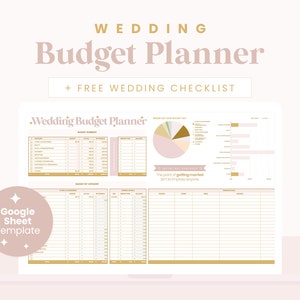 May include: A digital wedding budget planner template in a Google Sheet format. The template includes a budget summary, budget by category, and a pie chart showing how much of the budget is allocated to different categories. The text "Wedding Budget Planner" is at the top of the sheet. The text "The point of getting married isn't to impress anyone" is in the middle of the sheet.