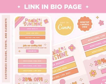 May include: A pink and yellow digital link in bio page template with the text "Pastel Sunshine" and a flower graphic. The template includes a website link, a link to a mailing list, and additional links. The template also includes a 25% off discount code.