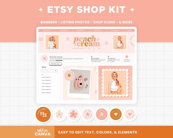 Etsy Shop Banner Templates, Peach Pink Gold Aesthetic Etsy Branding Kit Template Editable Canva Banner Mockup Templates Etsy Shop Kit - PCR