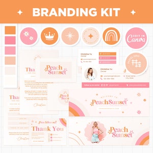 Branding Kit Peach Pink Orange Canva Templates Editable Business Cards, Thank You Cards, Facebook Cover Instagram Highlights Youtube Twitter