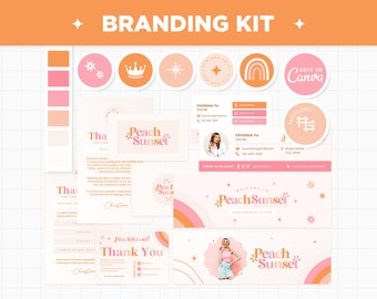 Branding Kit Perzik Roze Oranje Canva-sjablonen Bewerkbare visitekaartjes, bedankkaarten, Facebook Cover Instagram Hoogtepunten Youtube Twitter