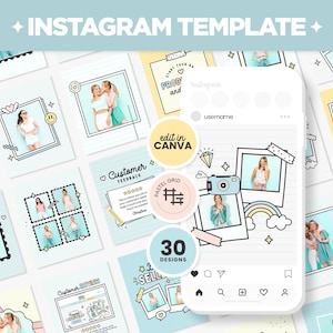 May include: A set of 30 Instagram templates in pastel colors with a grid layout. The templates feature a variety of designs, including hearts, stars, rainbows, and a camera. The text "edit in Canva" and "Pastel Grid" are also included. The templates are perfect for promoting products or services on social media.