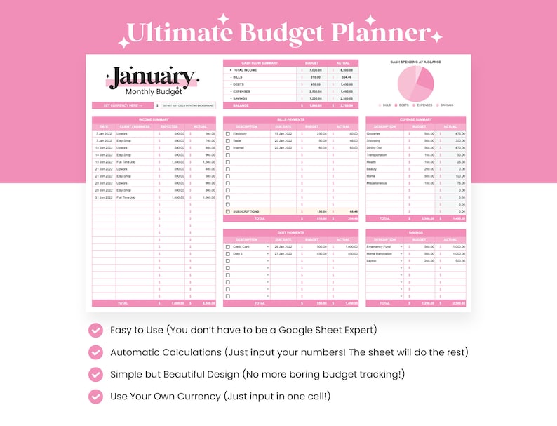 May include: A pink and white printable budget planner for January. The planner includes sections for income, bills, expenses, and savings. It also includes a cash spending at a glance chart. The planner is designed to be easy to use and includes automatic calculations.