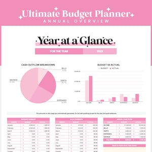 May include: A pink and white budget planner with a year-at-a-glance overview for 2022. The planner includes a pie chart showing cash outflow breakdown, a bar chart showing budget vs actual, and tables summarising expenses, bills, and annual cash flow.