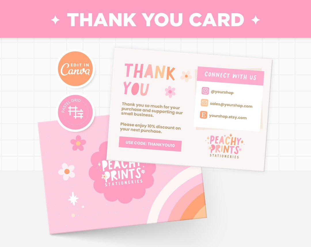 Thank You Card Template Editable in Canva, Pink Peach Orange Bright ...