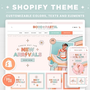Shopify Theme Boho Pastel Groovy Rainbow Customizable Shopify Template Editable Canva Banners Retro Smiley Design, Bright Colors Shop - BPT